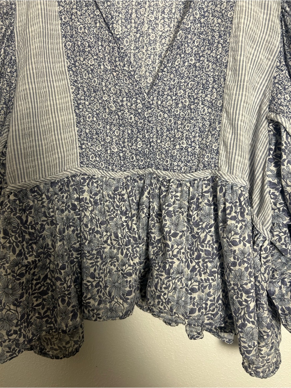 American Eagle Outfitters Blue & White Popover,V-neck Mixed-Print Peasant Blouse - Picture 3 of 8